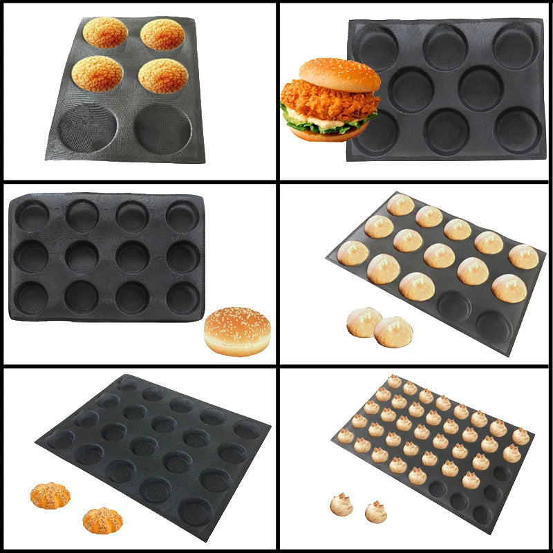 Meibum Round Bread Cookie Pizza Baking Mold Puff Hamburger Black Porous Glass Fiber Silicone Mould Cake Tart Non Stick Pan