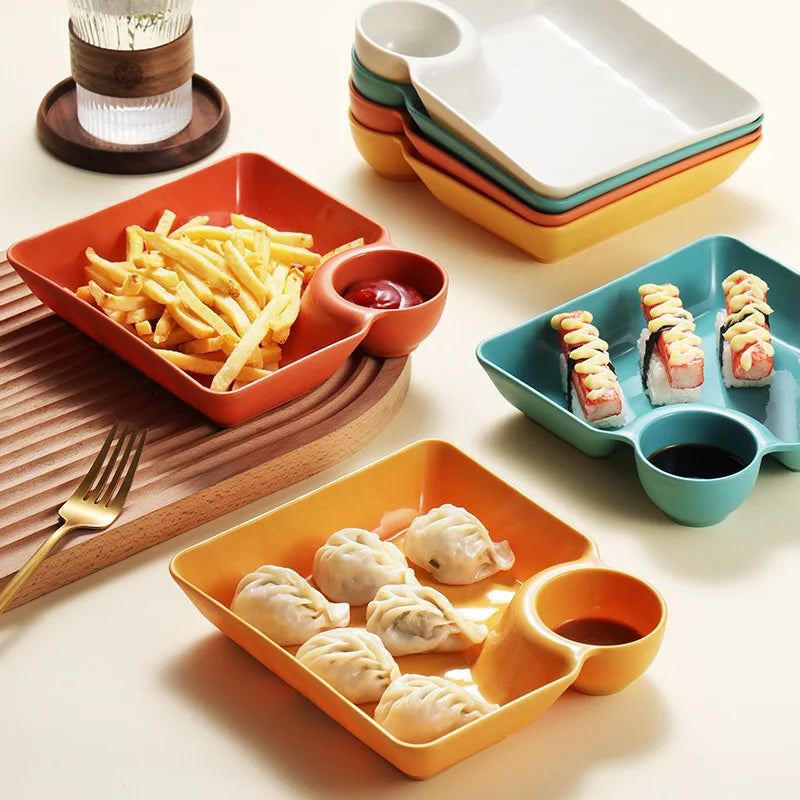 1pc Dumpling Plate With Sauce Dish, Square Serving Plate, Snack Platter, Sushi Dish, Fruit Plate, Dessert Tray, Kitchen Supplies