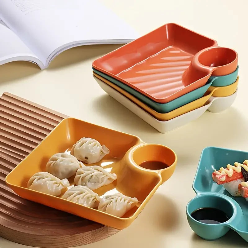 1pc Dumpling Plate With Sauce Dish, Square Serving Plate, Snack Platter, Sushi Dish, Fruit Plate, Dessert Tray, Kitchen Supplies