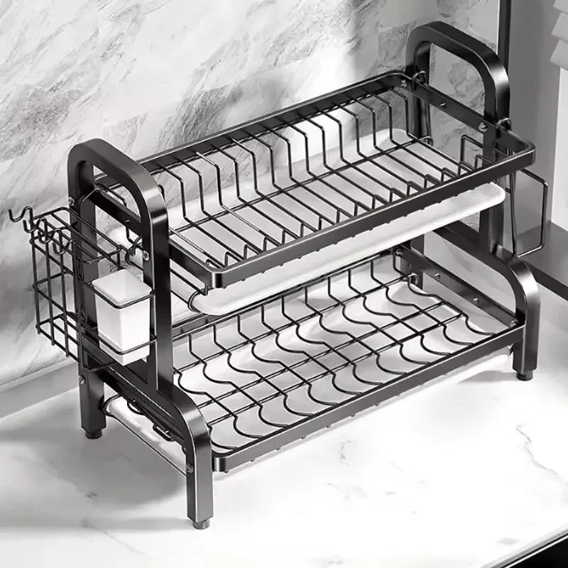 Dish Drying Rack Adjustable Kitchen Plates Organizer with Drainboard Over Sink Countertop Cutlery Storage Holde