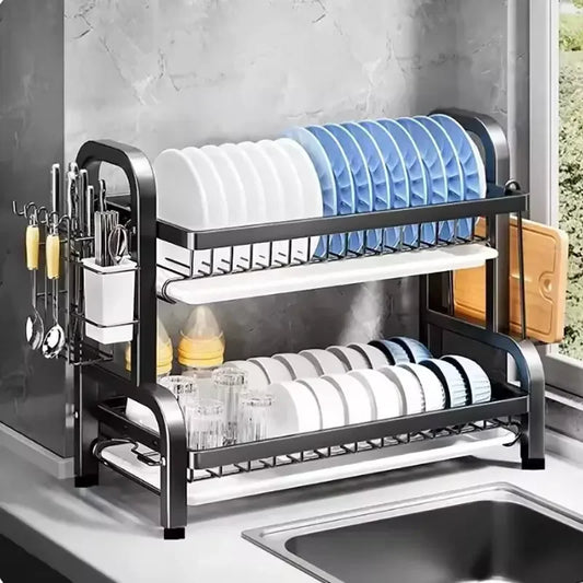 Dish Drying Rack Adjustable Kitchen Plates Organizer with Drainboard Over Sink Countertop Cutlery Storage Holde