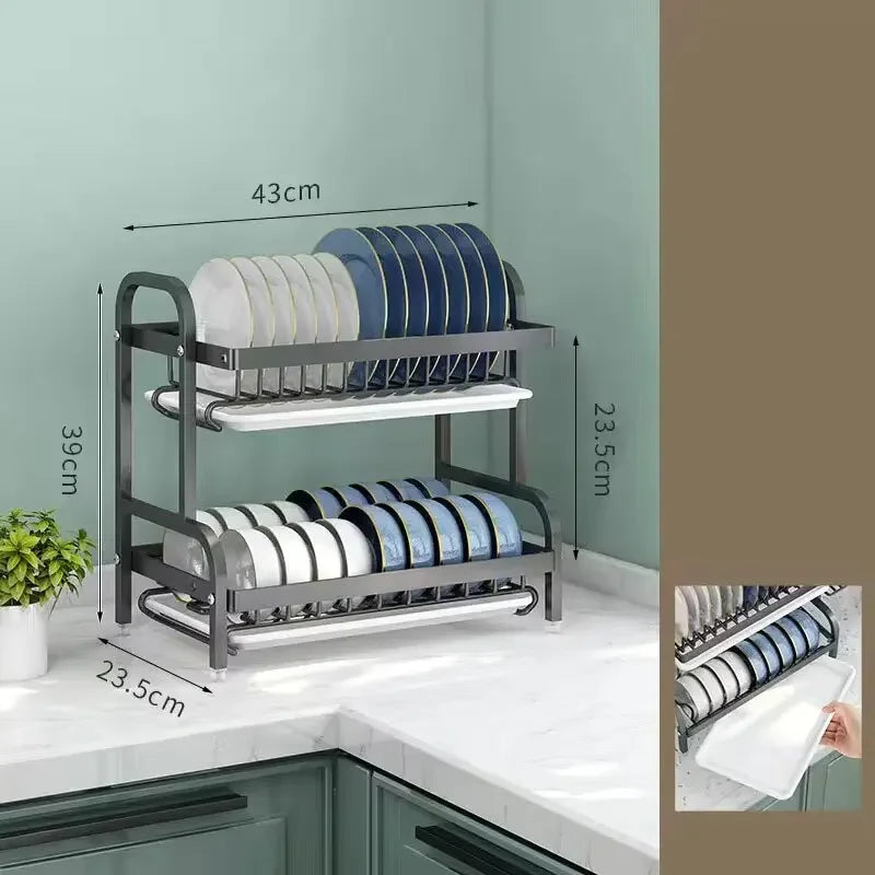 Dish Drying Rack Adjustable Kitchen Plates Organizer with Drainboard Over Sink Countertop Cutlery Storage Holde