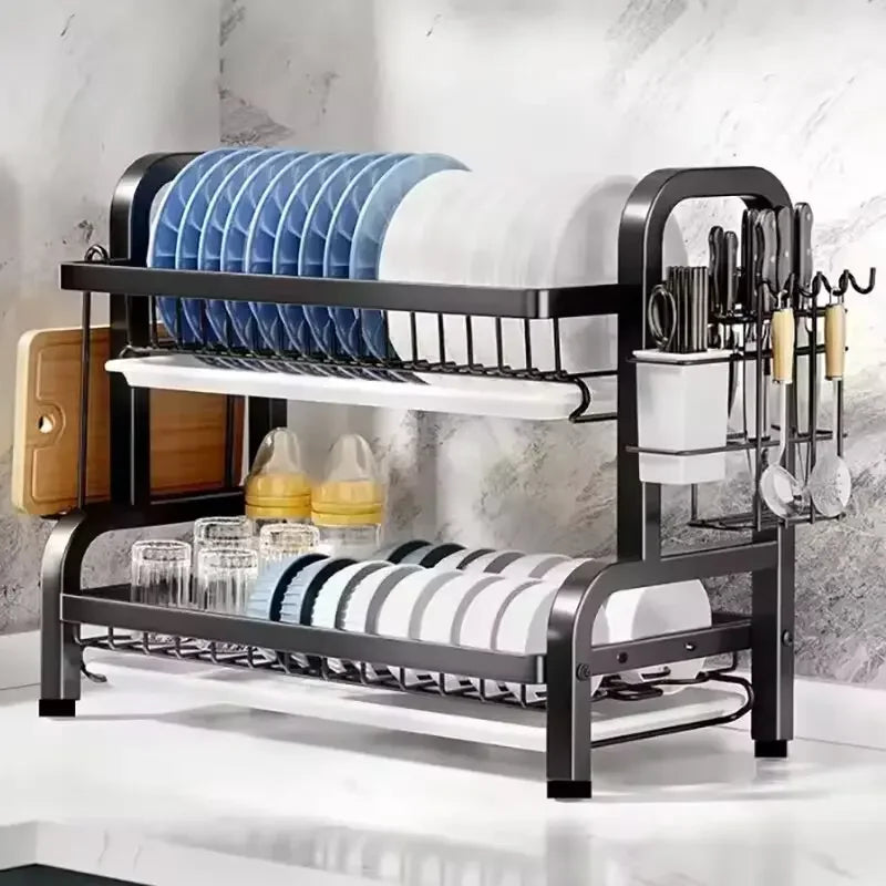 Dish Drying Rack Adjustable Kitchen Plates Organizer with Drainboard Over Sink Countertop Cutlery Storage Holde