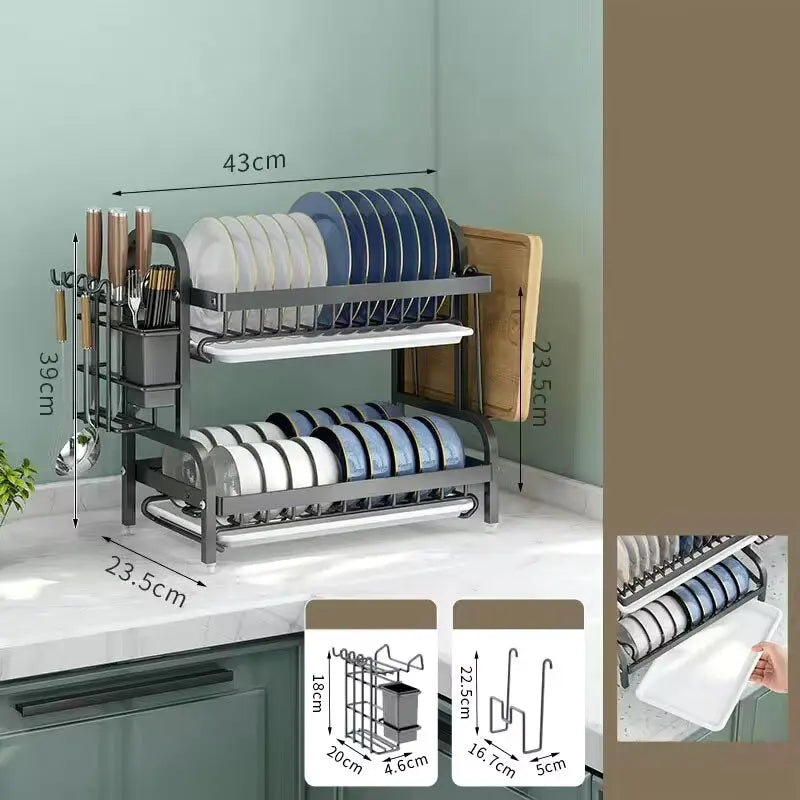 Dish Drying Rack Adjustable Kitchen Plates Organizer with Drainboard Over Sink Countertop Cutlery Storage Holde